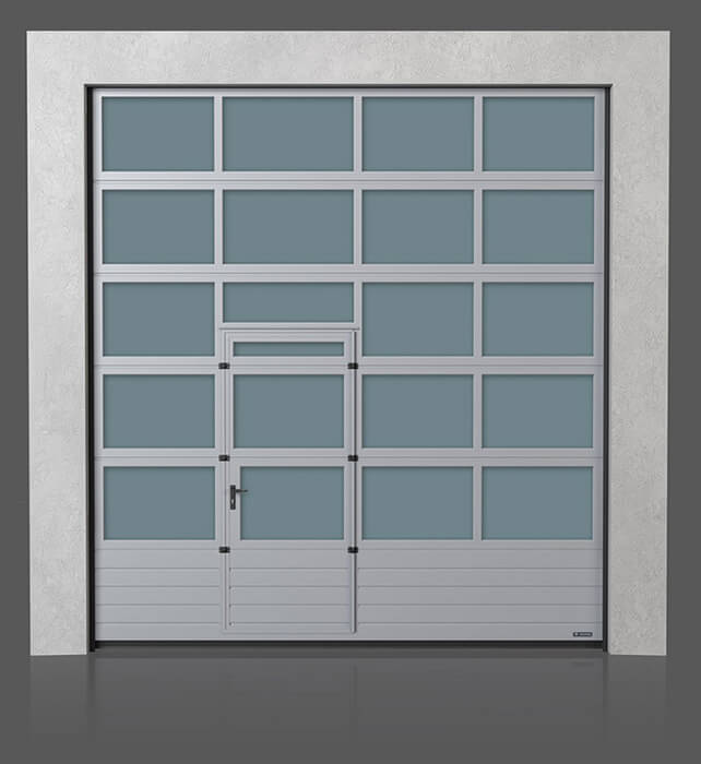 Brama przemysłowa segmentowa aluminiowa z dolnym panelem stalowym i drzwiami przejściowymi przesuniętymi