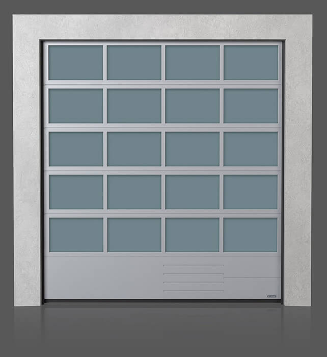 Brama przemysłowa segmentowa aluminiowa z dolnym panelem stalowym G, V, N, W